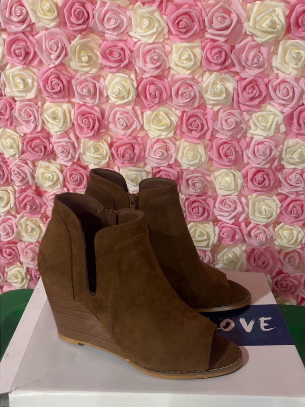 Source Unknown Brown Suede Peep-Toe Wedge Booties